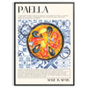 Eine farbenfrohe Darstellung eines Paella-Gerichts mit warmen Orange- und Weißtönen - in einem schwarzen Rahmen