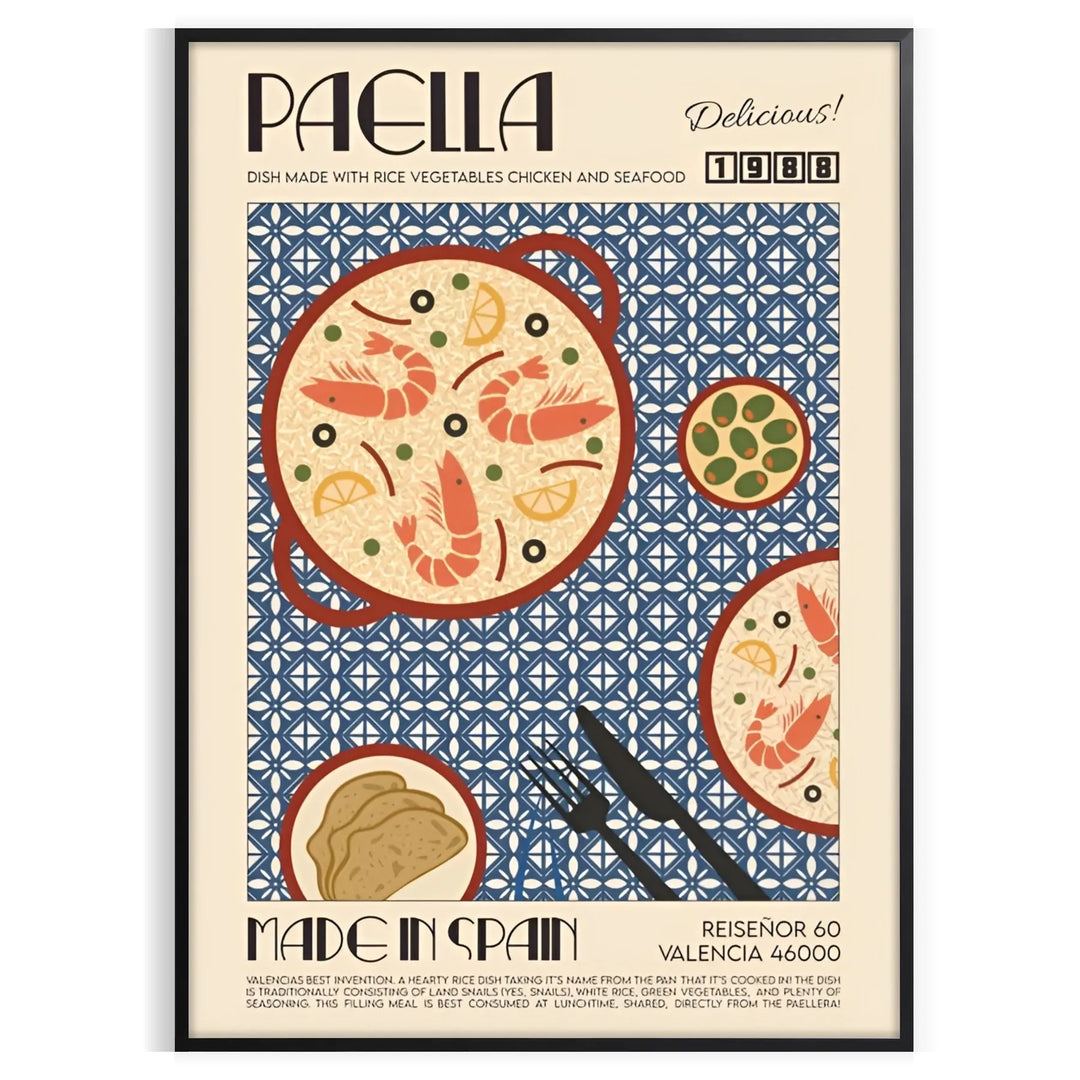 a colorful depiction of a paella dish with rich orange and gray tones