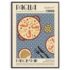 A colorful illustration of paella in a kitchen setting with blue and green tones - in a black frame
