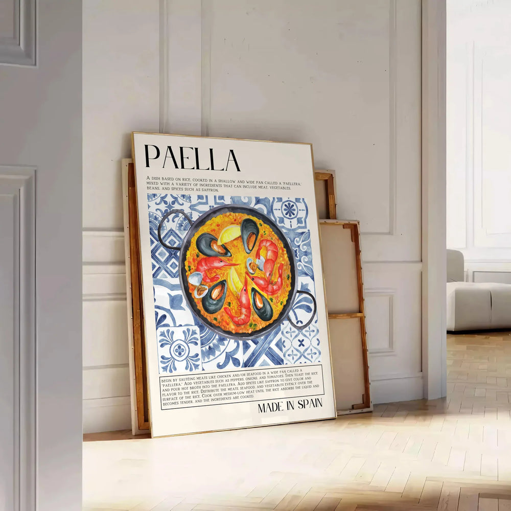 A colorful depiction of a paella dish with warm orange and white tones