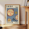 A colorful illustration of paella in a kitchen setting with blue and green tones - beside a round wooden side table with books