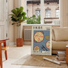 A colorful illustration of paella in a kitchen setting with blue and green tones - in a Parisian living room with a sofa and a fig plant