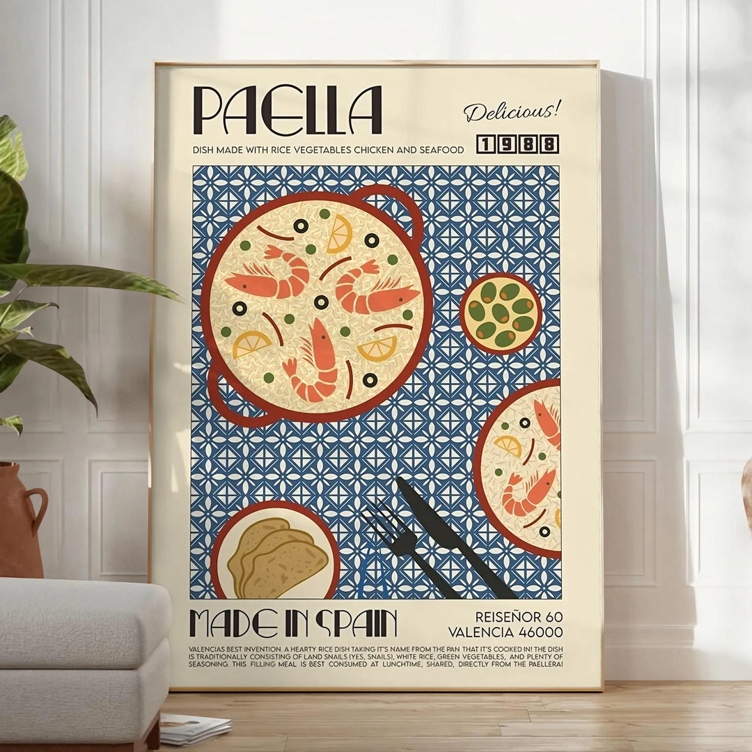 A colorful illustration of paella in a kitchen setting with blue and green tones - in a bright minimalist room with a plant and an armchair
