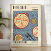 A colorful illustration of paella in a kitchen setting with blue and green tones - in a bright minimalist room with a plant and an armchair