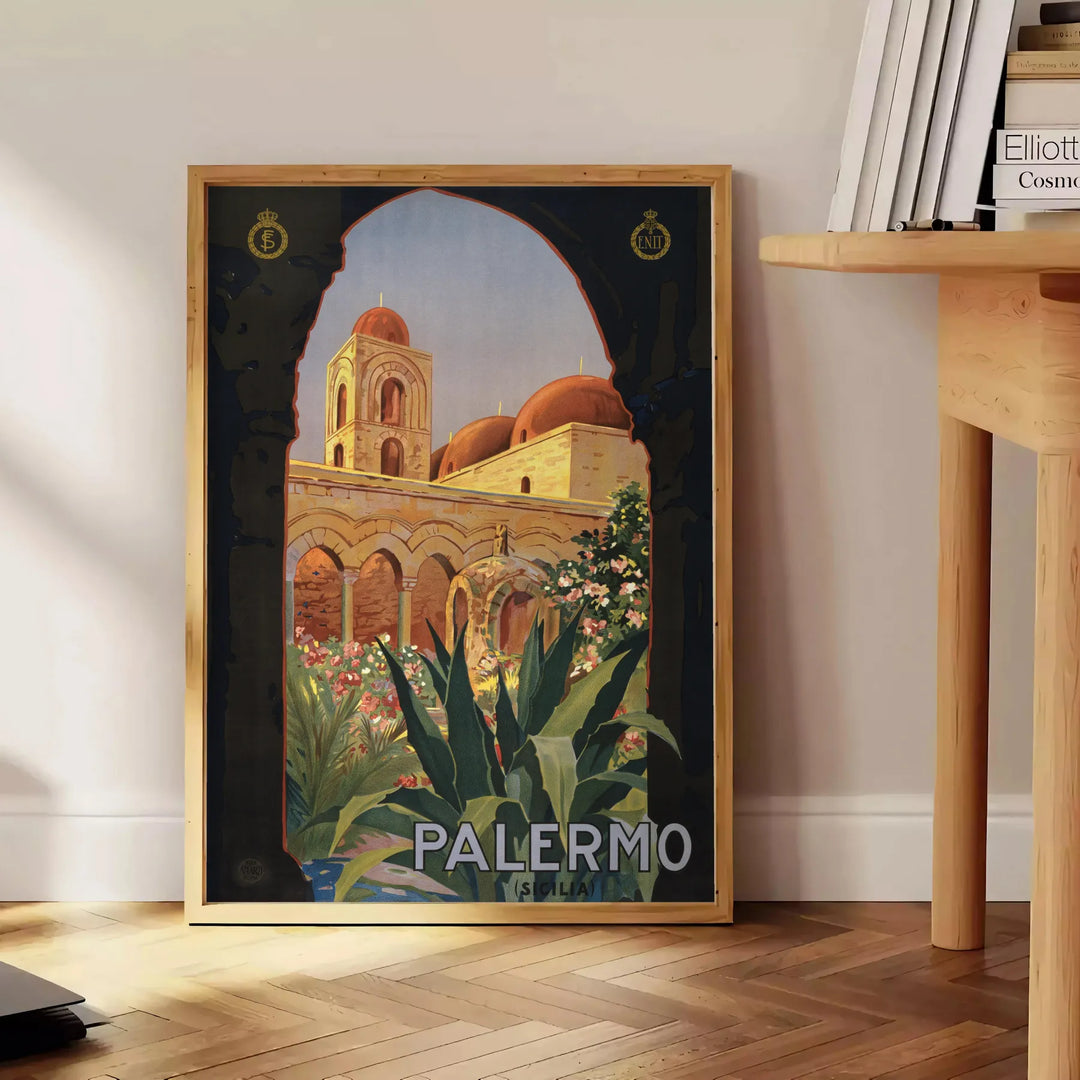 Illustration of Palermo, Italy with green and gray tones - beside a round wooden side table with books