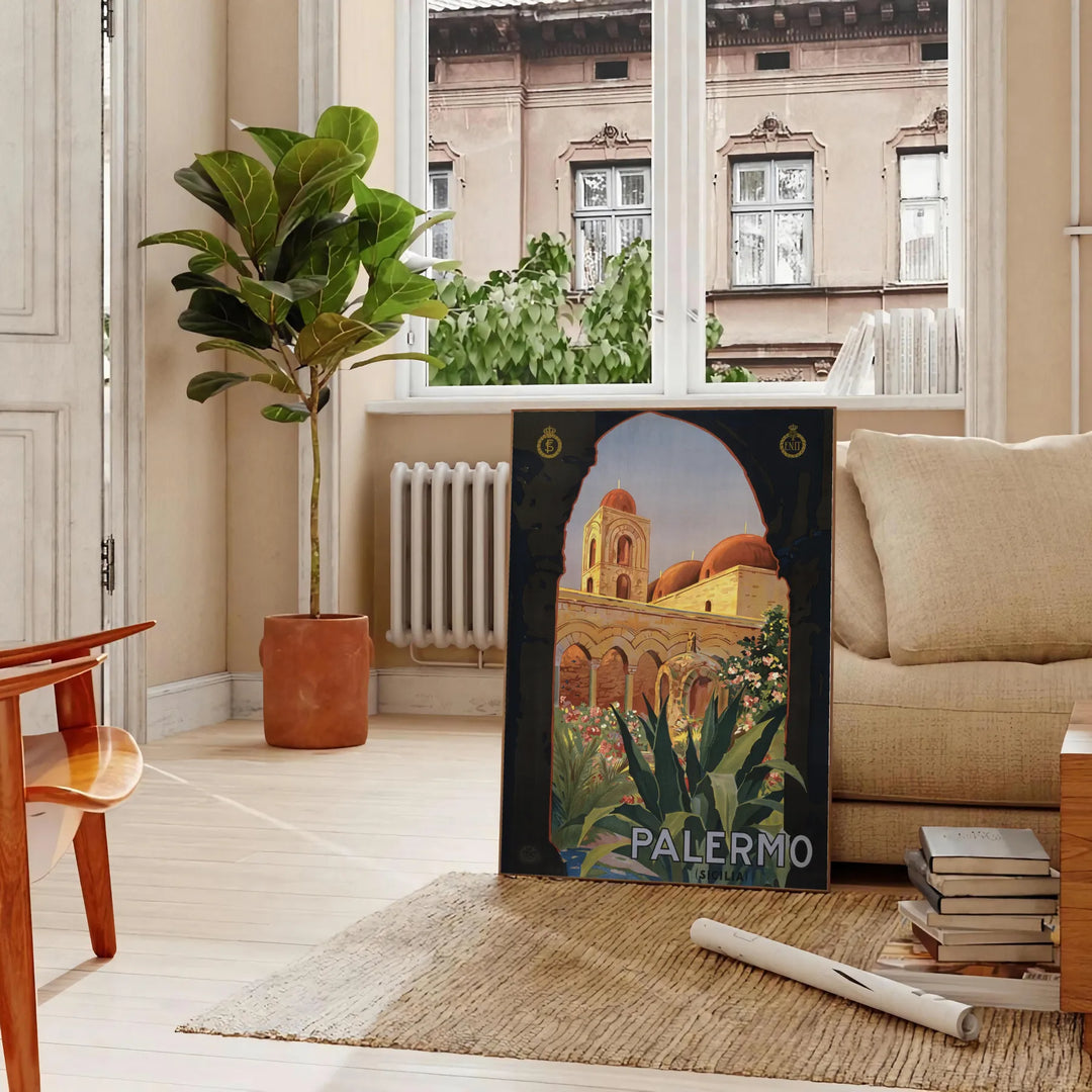 Illustration of Palermo, Italy with green and gray tones - in a Parisian living room with a sofa and a fig plant