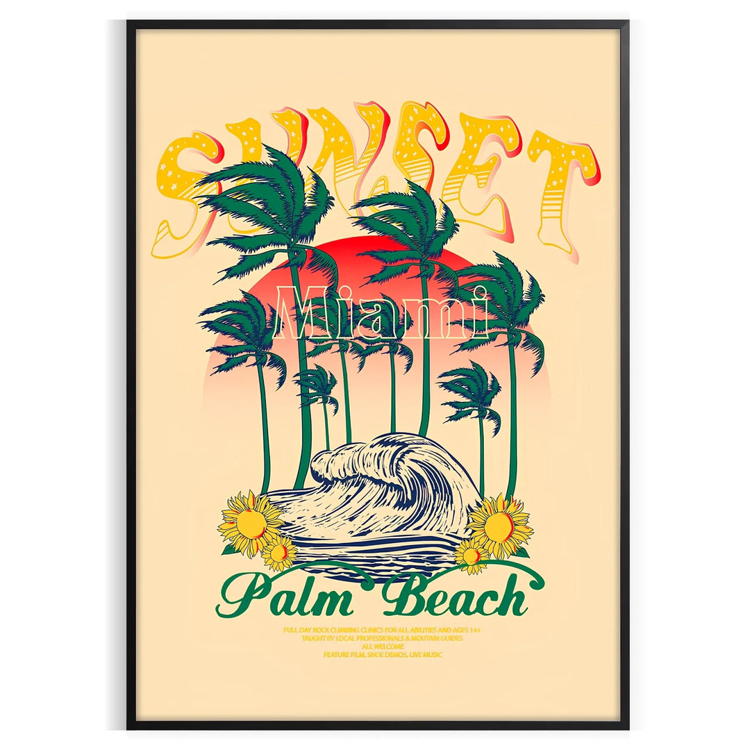 Vintage travel poster of Palm Beach, Miami with retro design and blue-orange colors