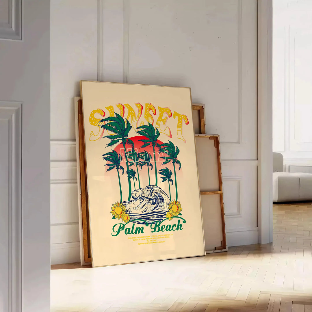 Vintage travel poster of Palm Beach, Miami with retro design and blue-orange colors - leaning on a herringbone floor against a white panelled wall