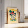 Vintage travel poster of Palm Beach, Miami with retro design and blue-orange colors - leaning on a herringbone floor against a white panelled wall