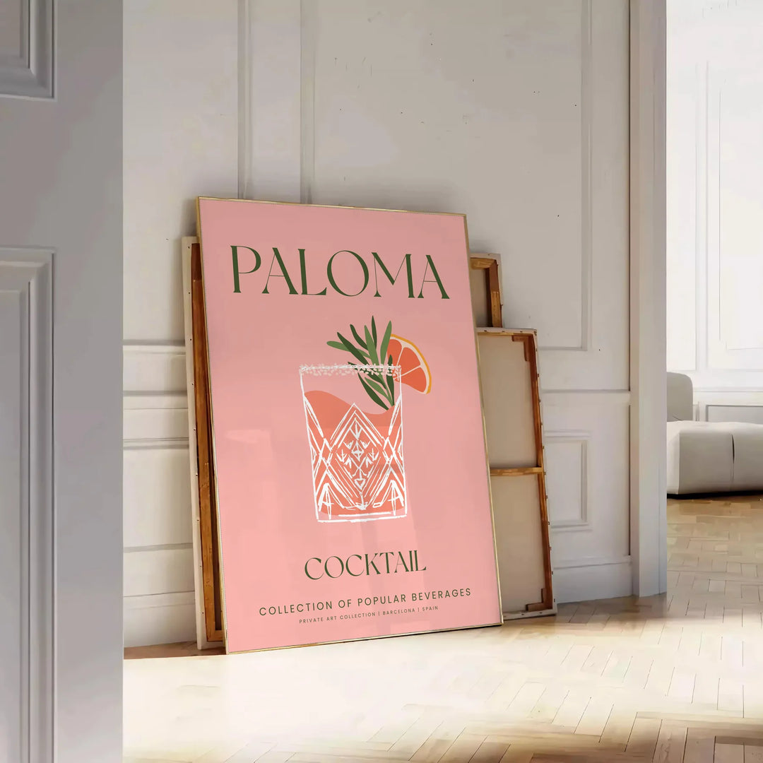 Ilustração de um coquetel Paloma com tons marrons e verdes terrosos - encostado num chão de espinha contra uma parede de painéis