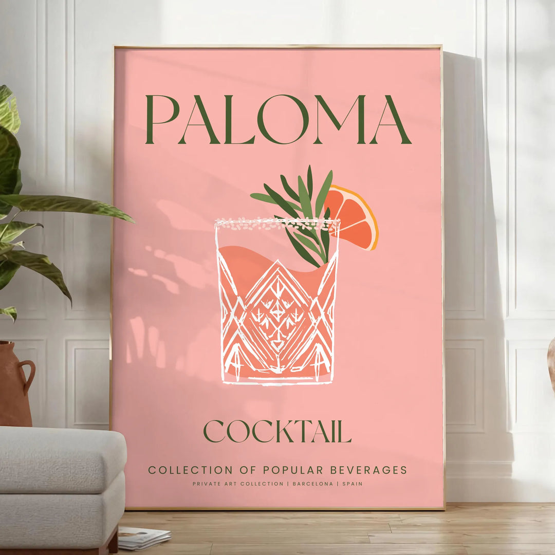 Ilustração de um coquetel Paloma com tons marrons e verdes terrosos - num quarto luminoso e minimalista com planta e poltrona