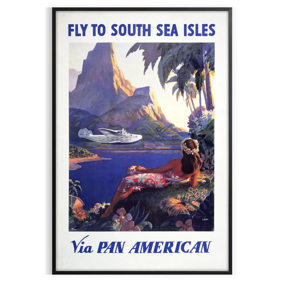 Vintage Pan American travel poster featuring a stylized airplane against a blue background