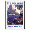 Vintage Pan American travel poster featuring a stylized airplane against a blue background - in a black frame