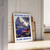 Vintage Pan American travel poster featuring a stylized airplane against a blue background - leaning on a herringbone floor against a white panelled wall