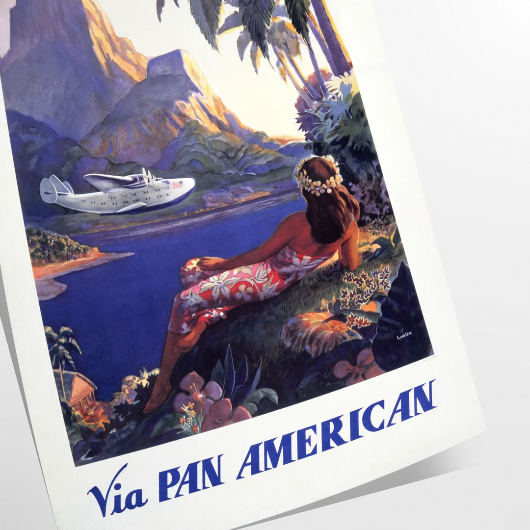 Vintage Pan American travel poster featuring a stylized airplane against a blue background - as a rolled, unframed print