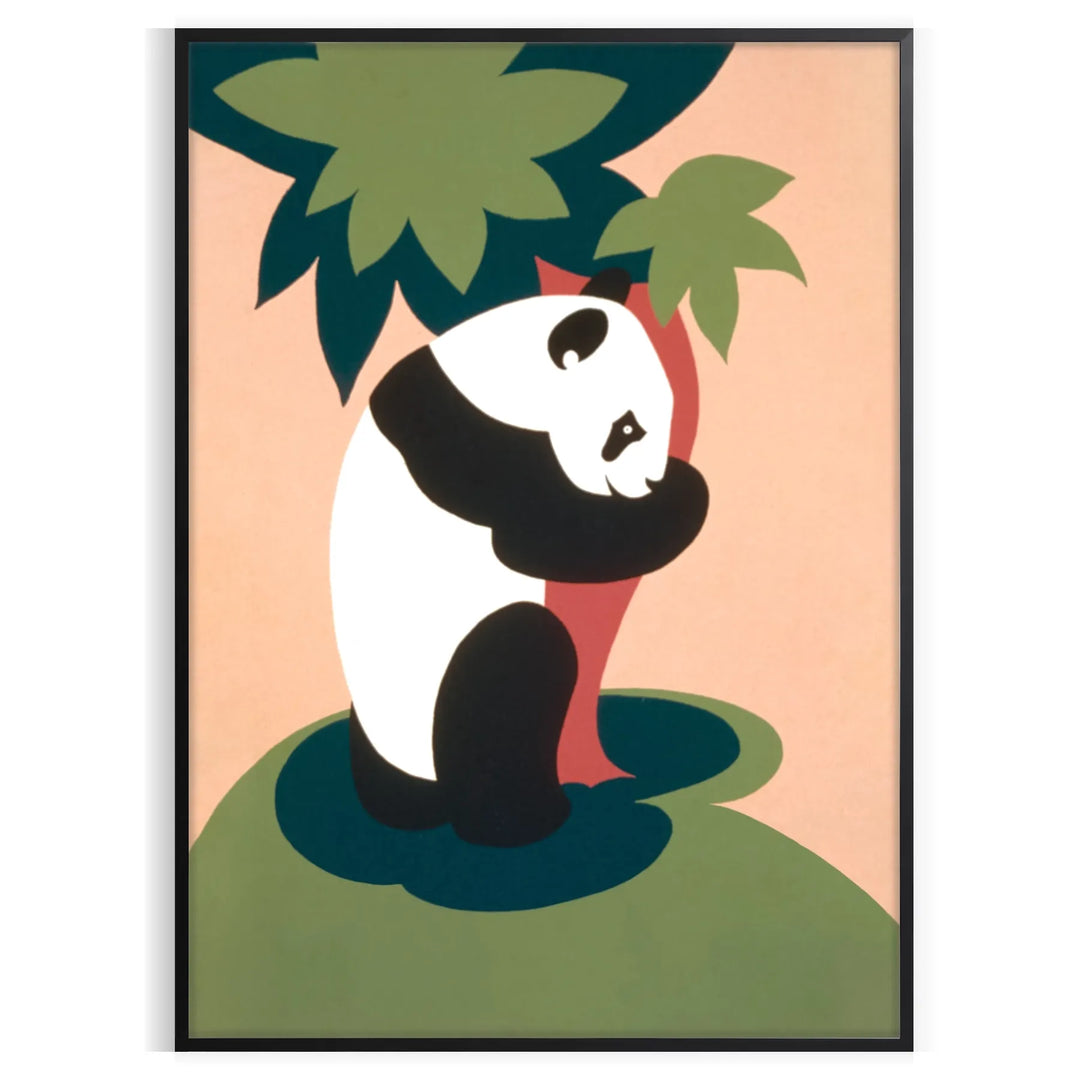 A panda surrounded by lush greenery and warm orange hues