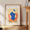 Papier découpé artwork featuring intricate cut-out designs in orange and blue - beside a round wooden side table with books