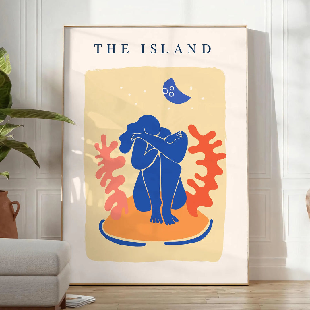 Papier découpé artwork featuring intricate cut-out designs in orange and blue - in a bright minimalist room with a plant and an armchair