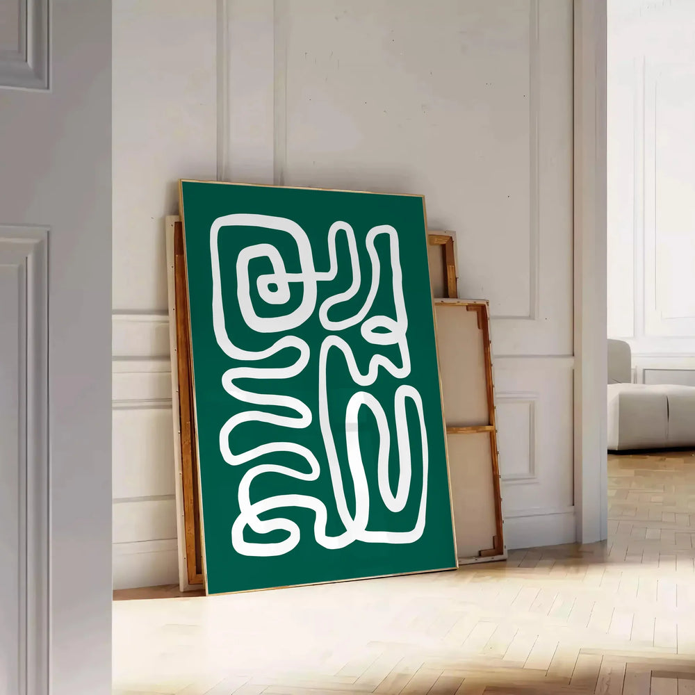 White and green paper-cut botanical artwork on minimalist poster