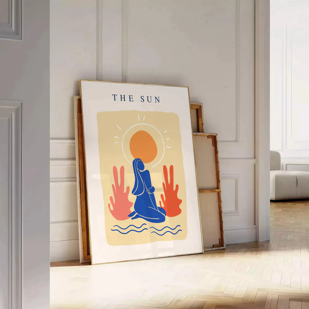 Poster showing layered papier découpé space artwork in orange and blue