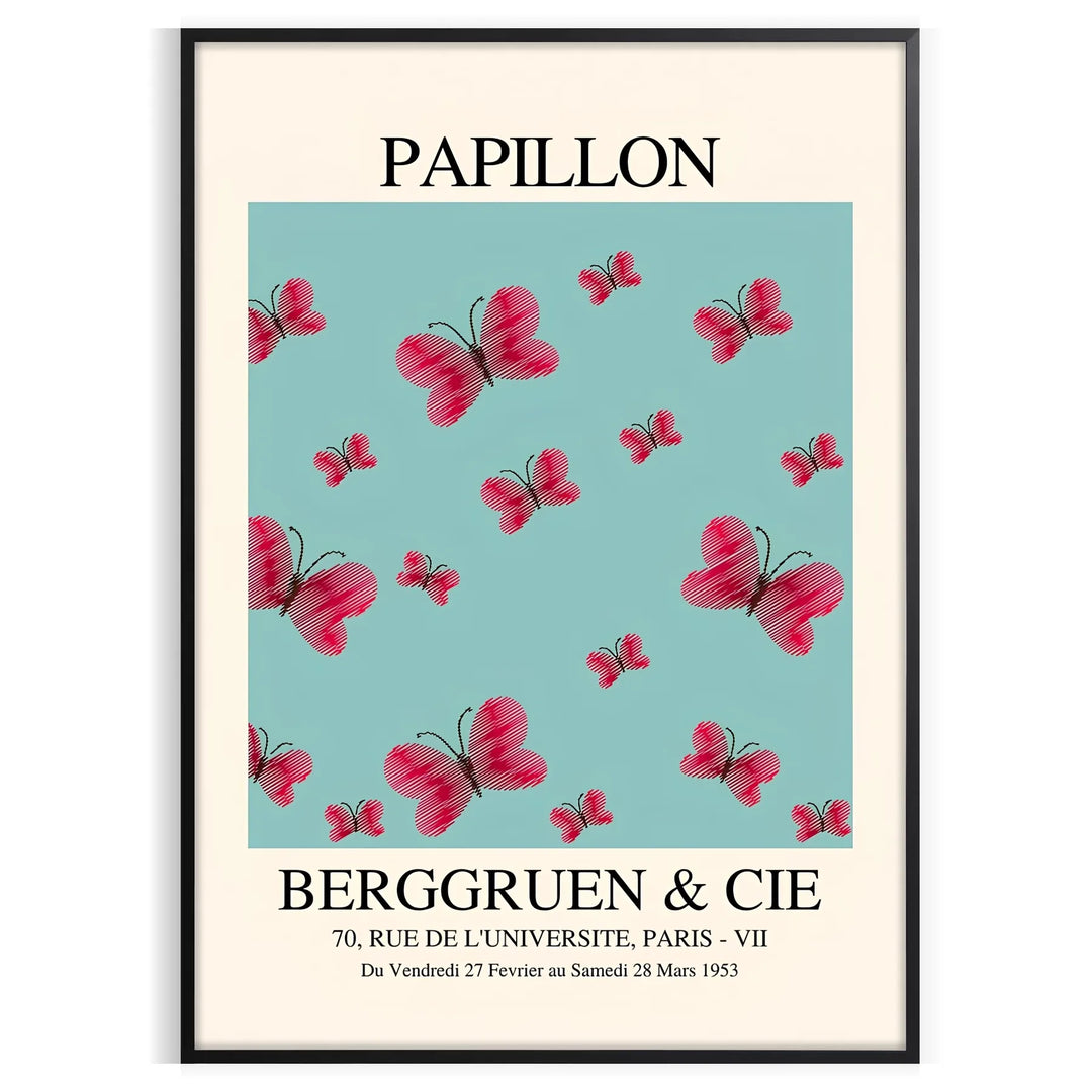 Maximalist poster featuring a colorful butterfly against a dark background - in a black frame