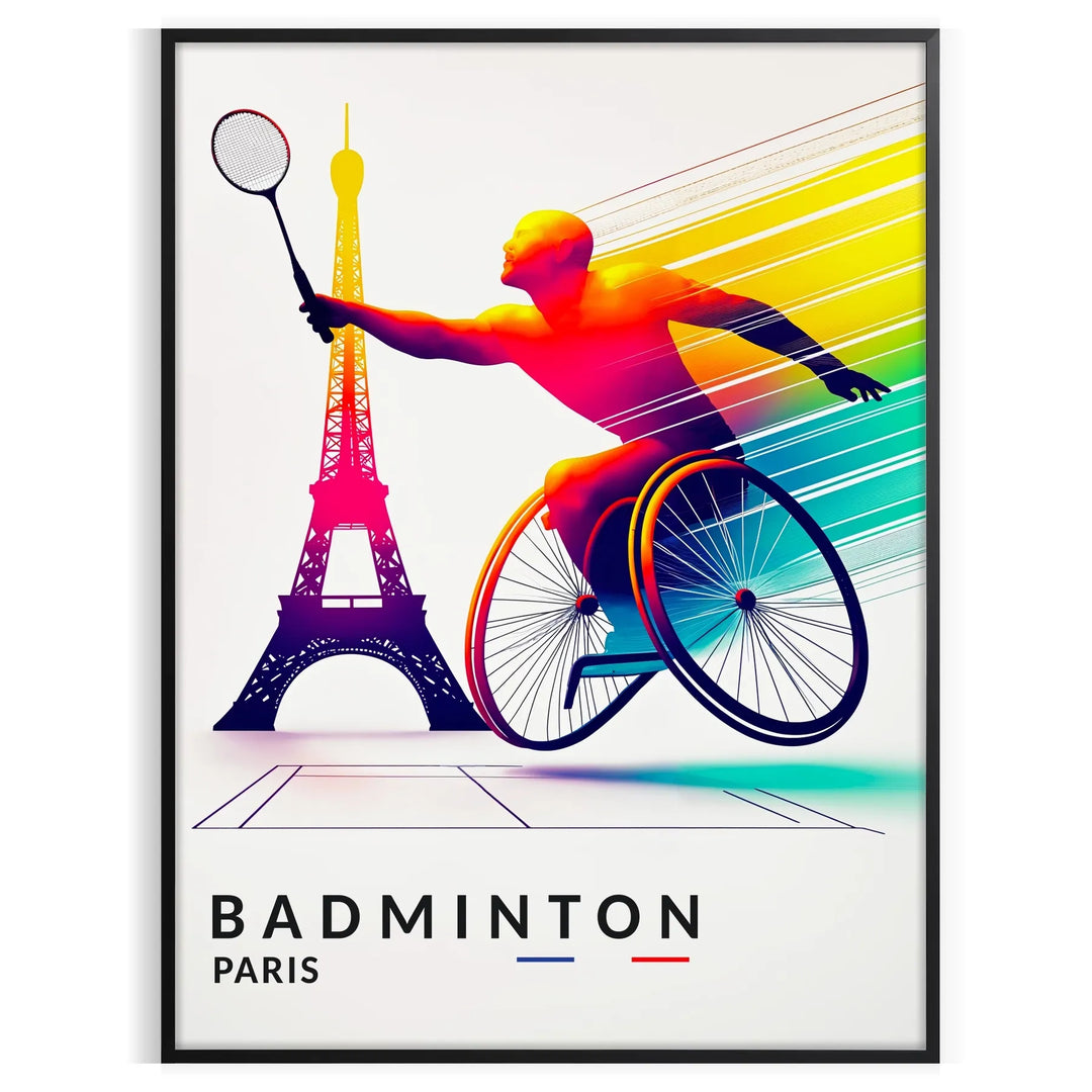 Stylized illustration of a Para Badminton player in motion, dynamic colors