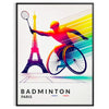Στυλιζαρισμένη απεικόνιση παίκτη Para Badminton σε κίνηση, δυναμικά χρώματα - σε μαύρη κορνίζα