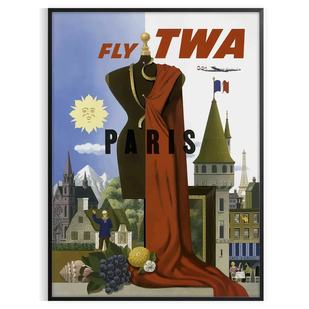 Retro travel poster featuring the Eiffel Tower and a TWA airplane