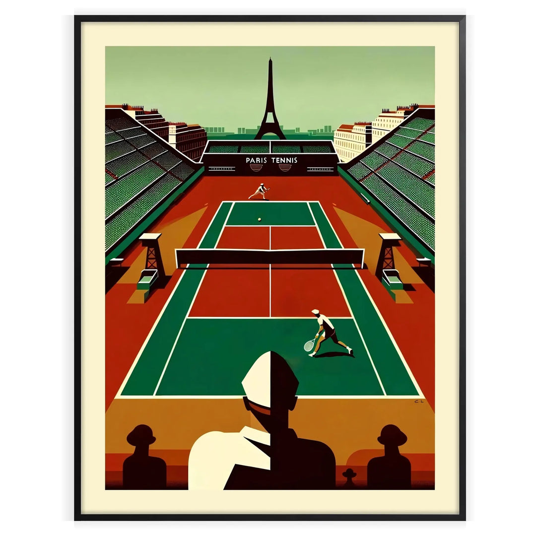 A tennis player serves on a court with the Eiffel Tower in the background