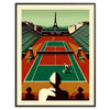 A tennis player serves on a court with the Eiffel Tower in the background - in a black frame