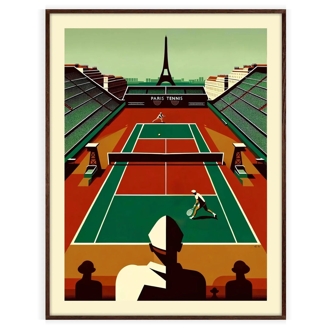 A tennis player serves on a court with the Eiffel Tower in the background - in a walnut frame