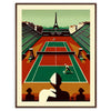 A tennis player serves on a court with the Eiffel Tower in the background - in a walnut frame