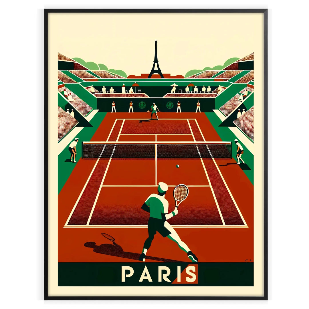 Art Deco style tennis scene in Paris with iconic landmarks