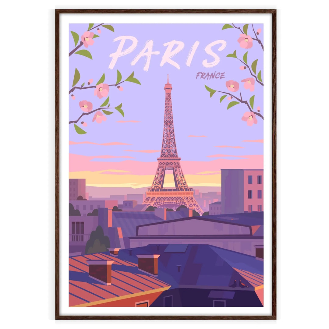 Colorful illustration of Paris with iconic landmarks and city lights - in a walnut frame