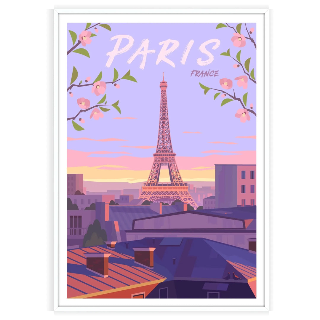 Colorful illustration of Paris with iconic landmarks and city lights - in a white frame