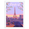 Colorful illustration of Paris with iconic landmarks and city lights - in a white frame