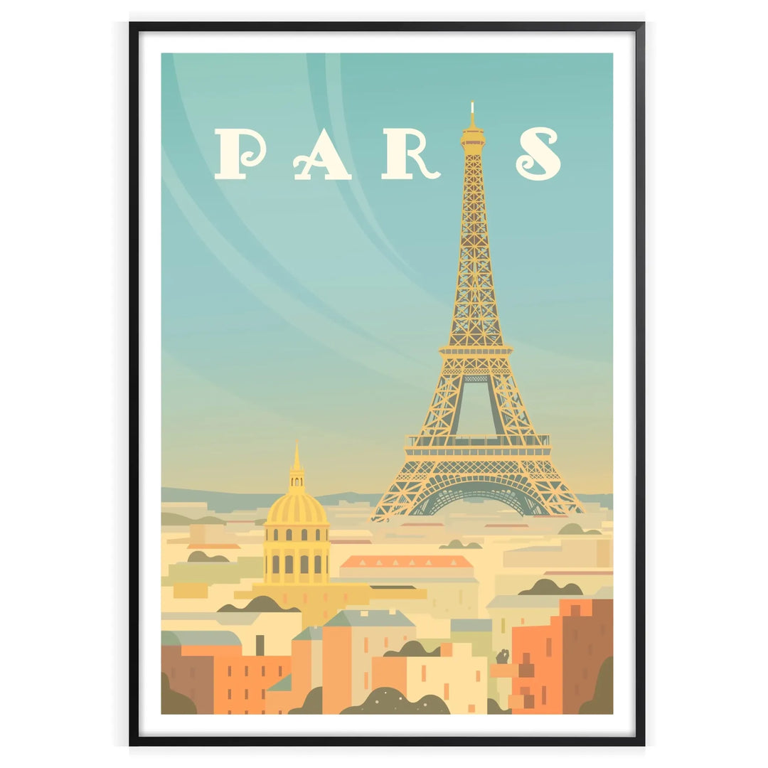 A vintage-style travel poster featuring the Eiffel Tower in muted brown and gray tones