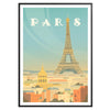 A vintage-style travel poster featuring the Eiffel Tower in muted brown and gray tones - in a black frame