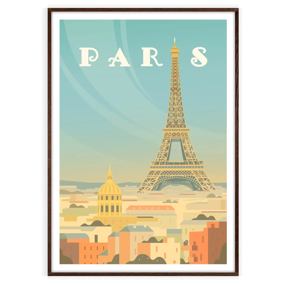 A vintage-style travel poster featuring the Eiffel Tower in muted brown and gray tones - in a walnut frame