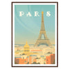 A vintage-style travel poster featuring the Eiffel Tower in muted brown and gray tones - in a walnut frame