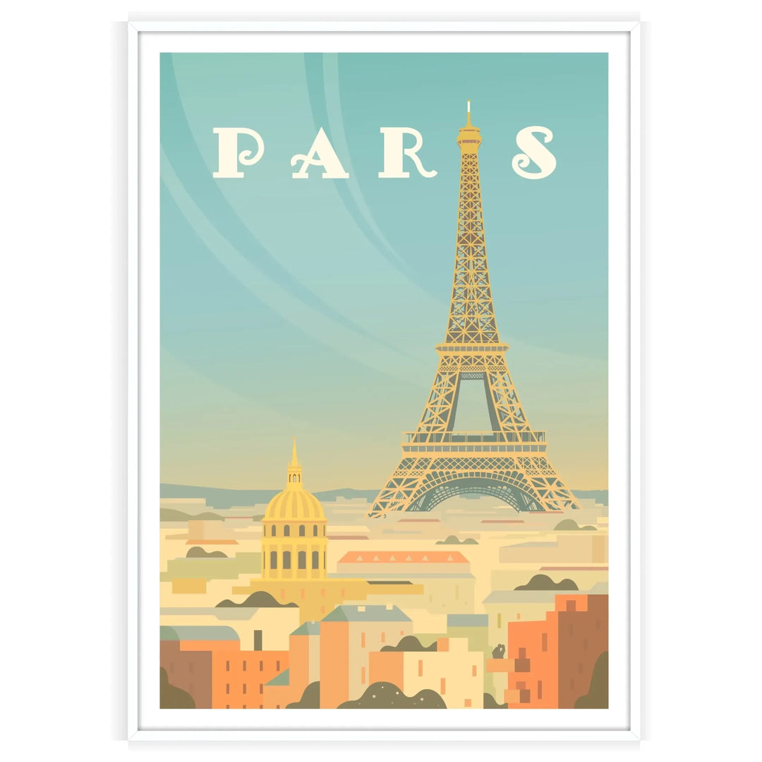 A vintage-style travel poster featuring the Eiffel Tower in muted brown and gray tones - in a white frame