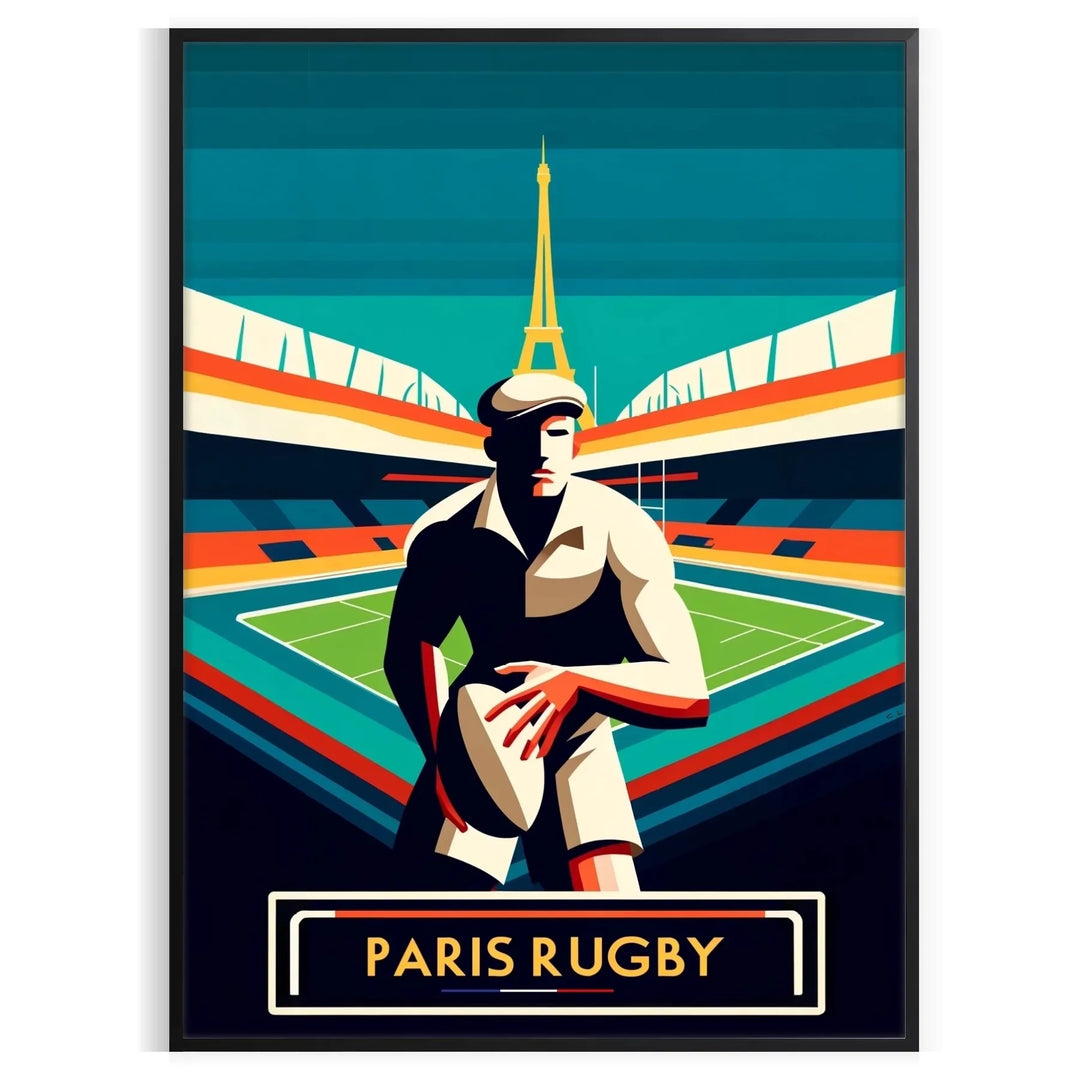 Art Deco illustration of rugby players in Paris with a city skyline