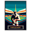 Art Deco illustration of rugby players in Paris with a city skyline - in a black frame
