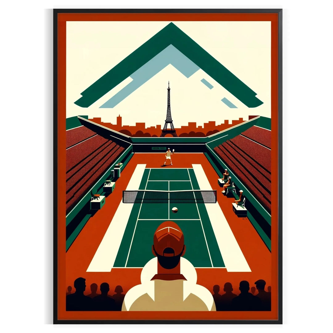 Retro illustration of tennis players at Roland Garros, featuring the Eiffel Tower
