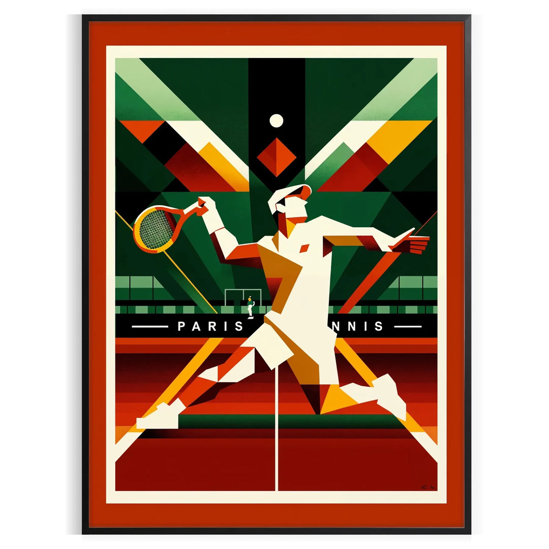 Retro illustration of tennis players in Paris with the Eiffel Tower