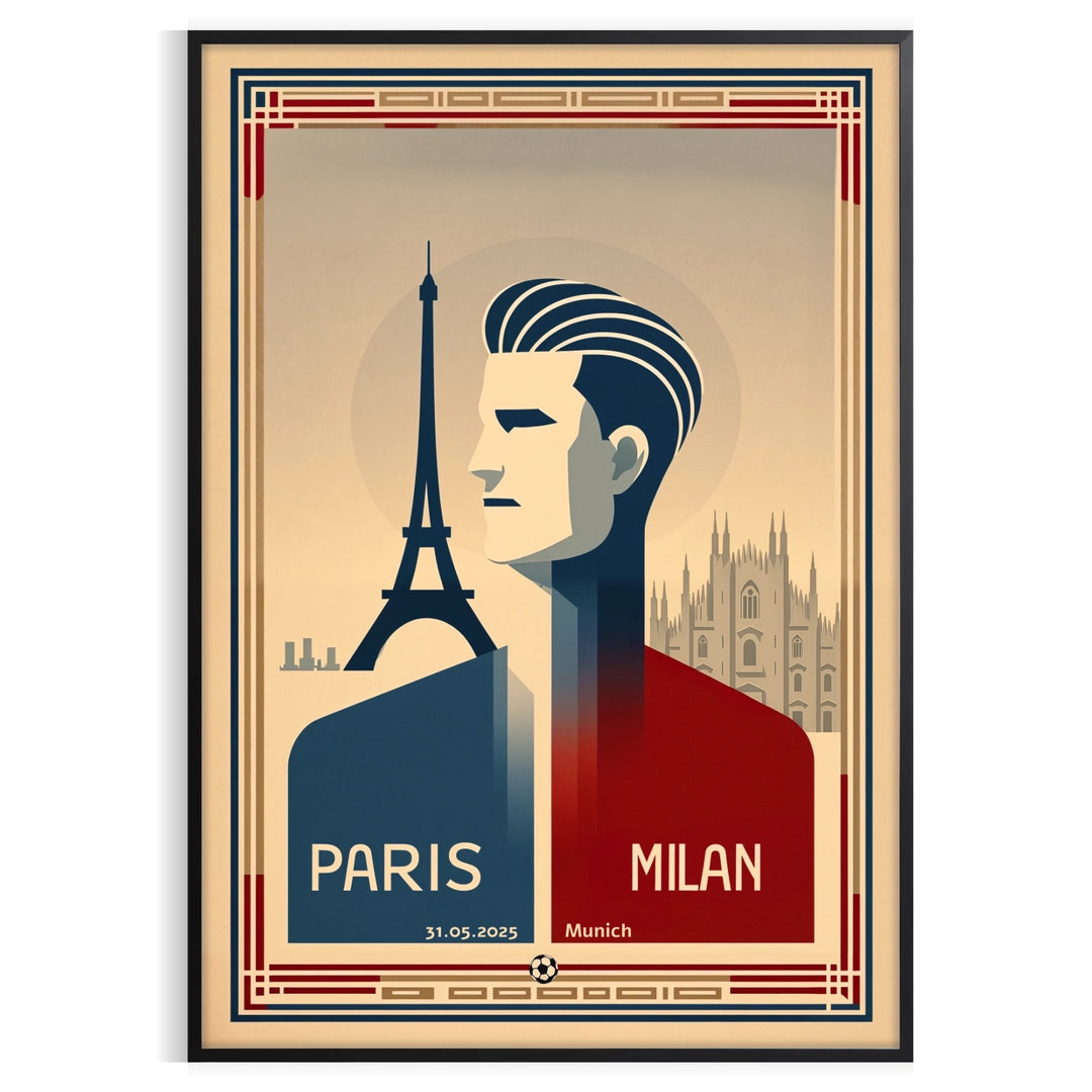 Stylized football poster featuring blue and brown colors for Paris-Milan-Munich match
