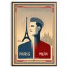 Stylized football poster featuring blue and brown colors for Paris-Milan-Munich match