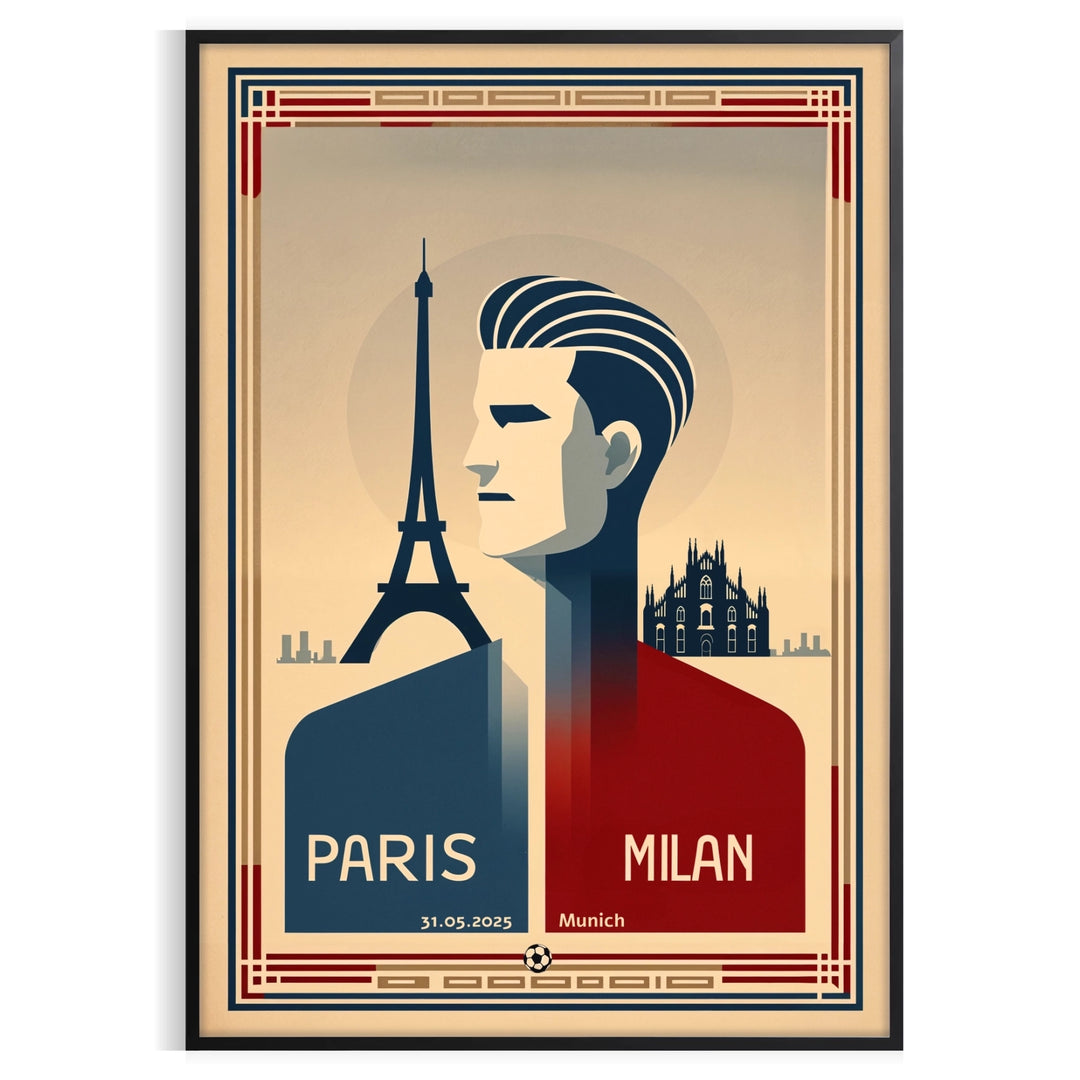 Stylized football match poster featuring Paris, Milan, and Munich on May 31, 2025