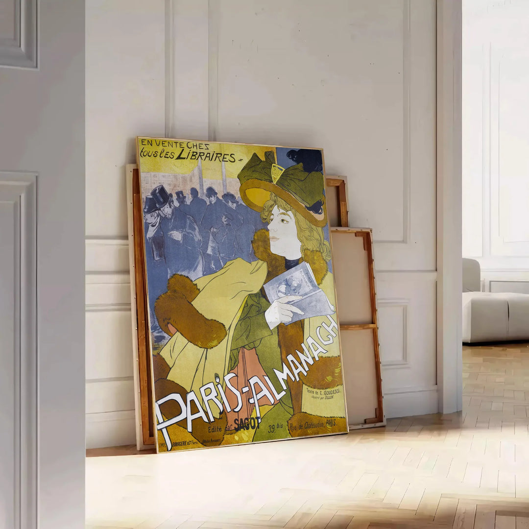 Vintage illustration of Paris with black and blue tones - leaning on a herringbone floor against a white panelled wall