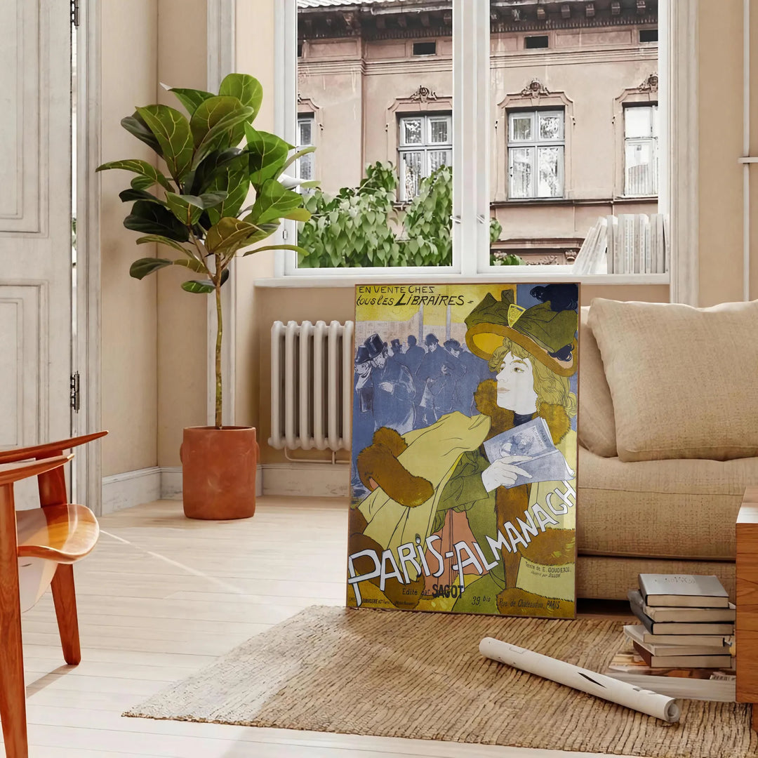 Vintage illustration of Paris with black and blue tones - in a Parisian living room with a sofa and a fig plant